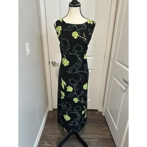 Black Floral Midi Sheath Dress Size 14P Green Rose Print Sleeveless Vintage Look